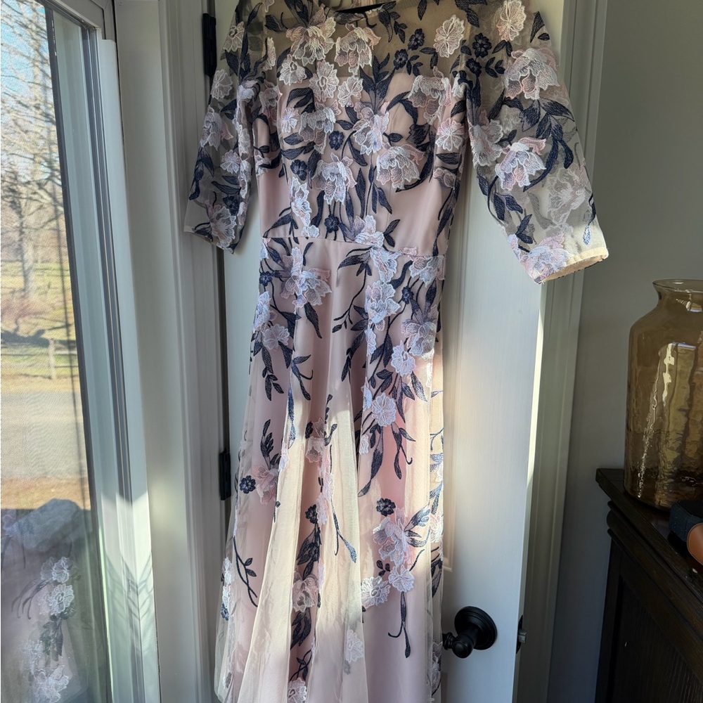 BHLDN Pale Blush & Navy Floral Lace Overlay Dress